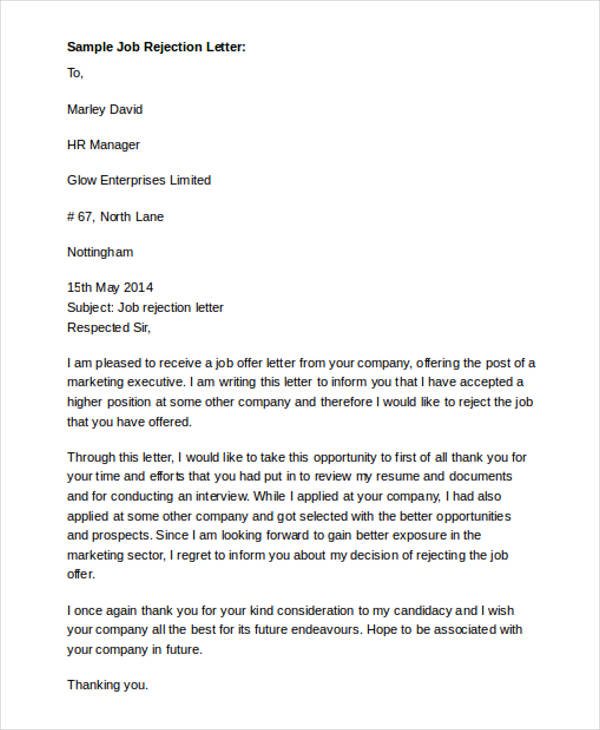 formal job rejection letter