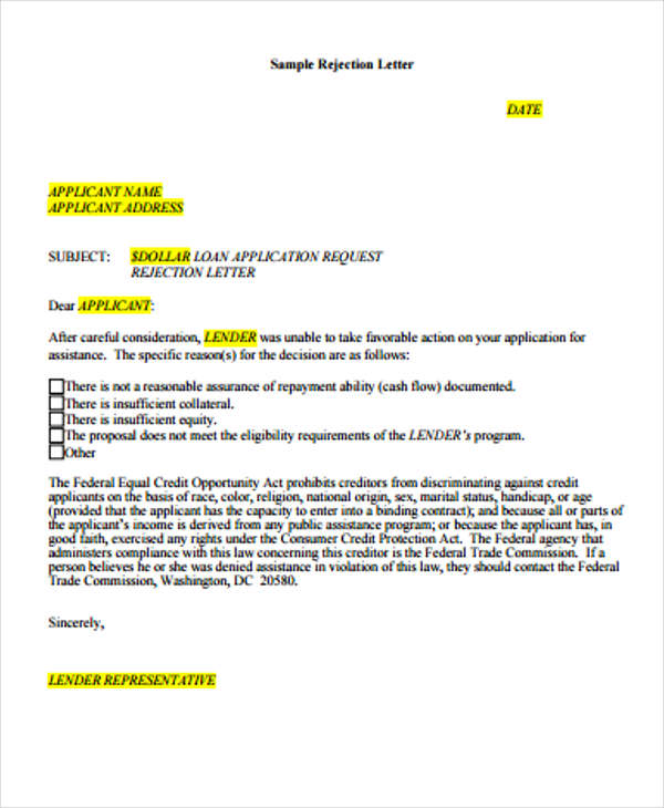 Loan Rejection Letters - 10+ Free Sample, Example Format Download