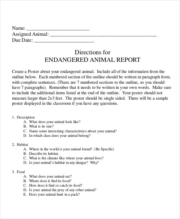 free animal report