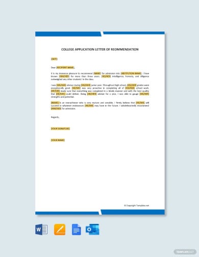 free college application letter of recommendation template