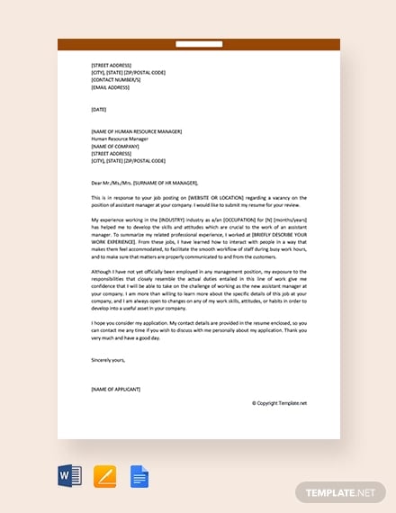 free job application letter for assistant manager