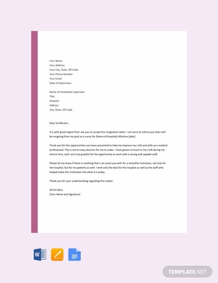 free nurse resignation letter template