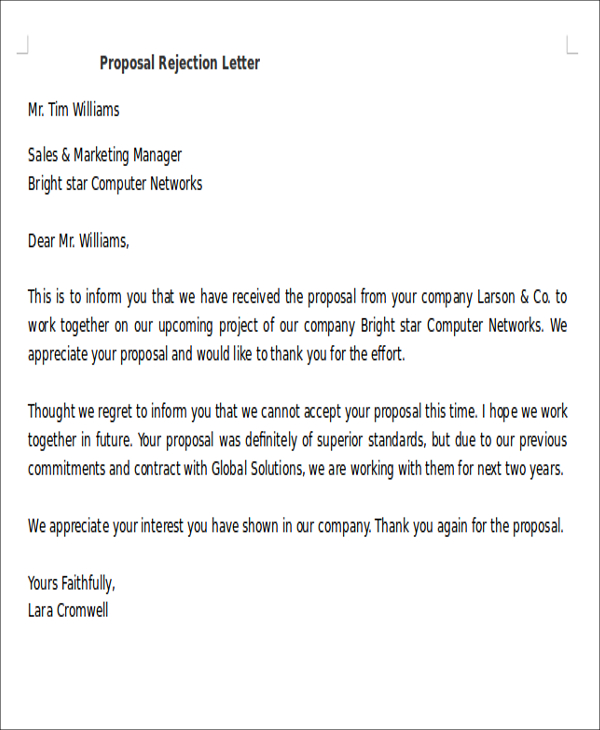 free proposal rejection letter