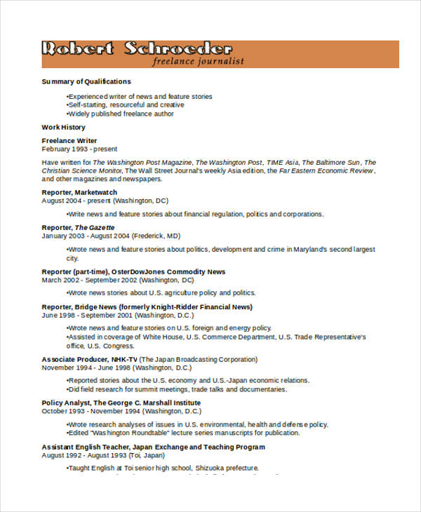 10+ Journalist Resume Templates PDF, DOC