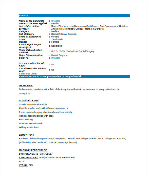 Dentist Resume Sample Doc from images.template.net