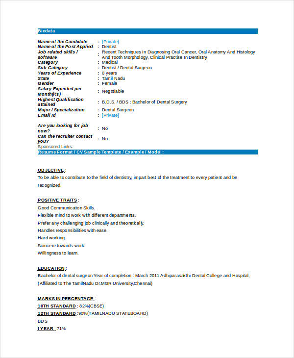 Dentist Curriculum Vitae Templates - 10+ Free Word, PDF Format Download