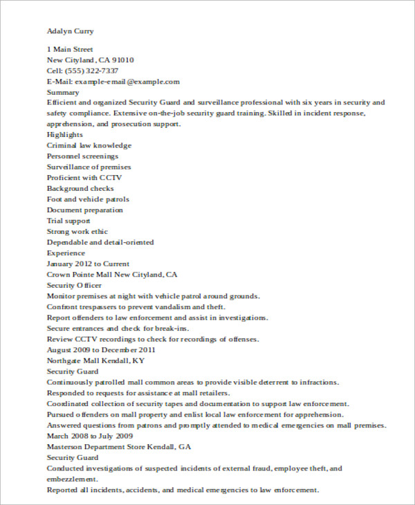 Security Guard Resumes 16+ Word, PDF Format Download
