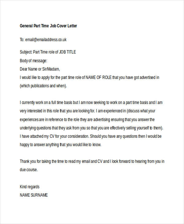 cover letter example for part time job