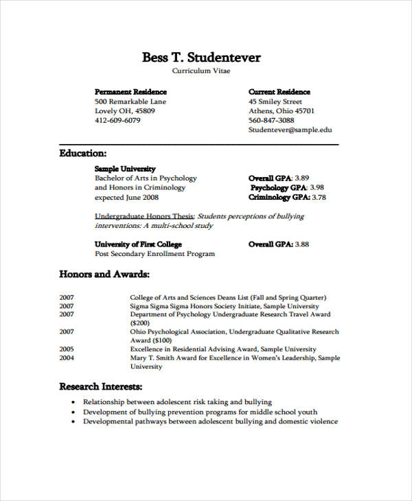 11+ Student Curriculum Vitae Templates - PDF, DOC | Free ...