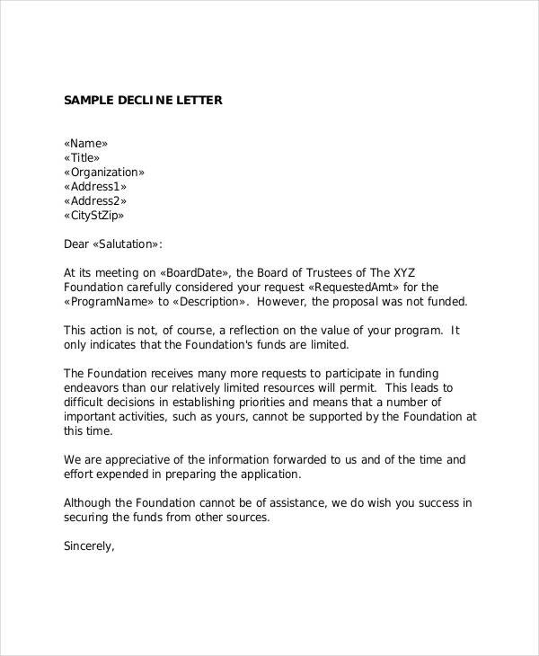 6 Grant Rejection Letters Free Sample Example Format Download