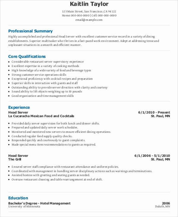 10 Server Resume Templates PDF DOC
