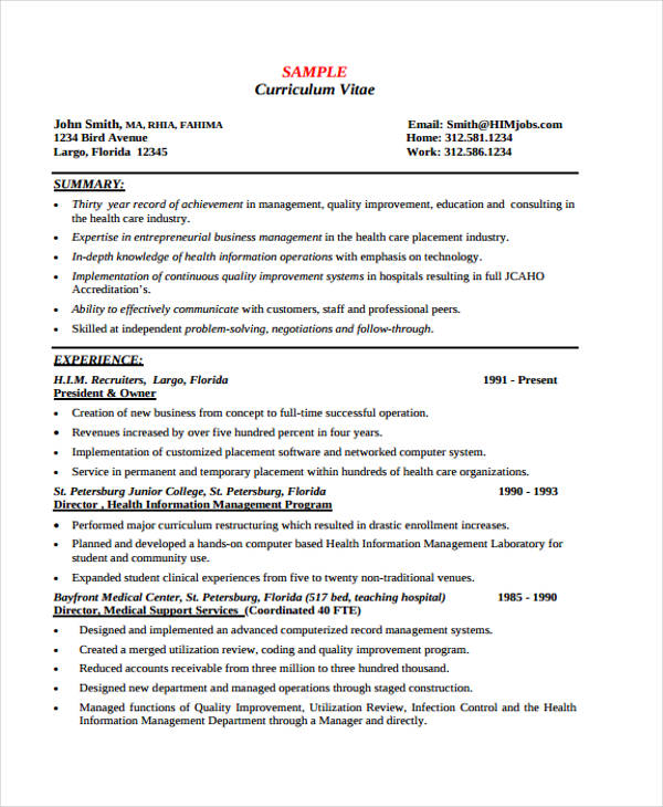 10+ Health Care Curriculum Vitae Templates - Free Sample, Example