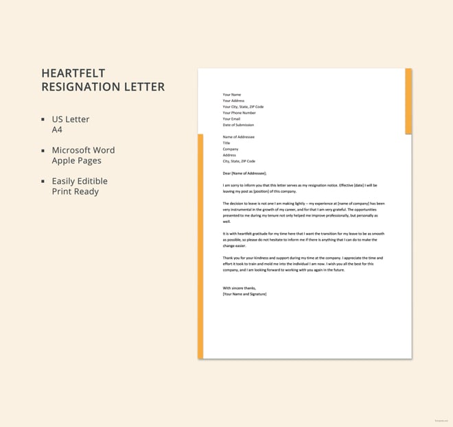 Heartfelt Resignation Letter Template - 7+ Free Word, PDF ...