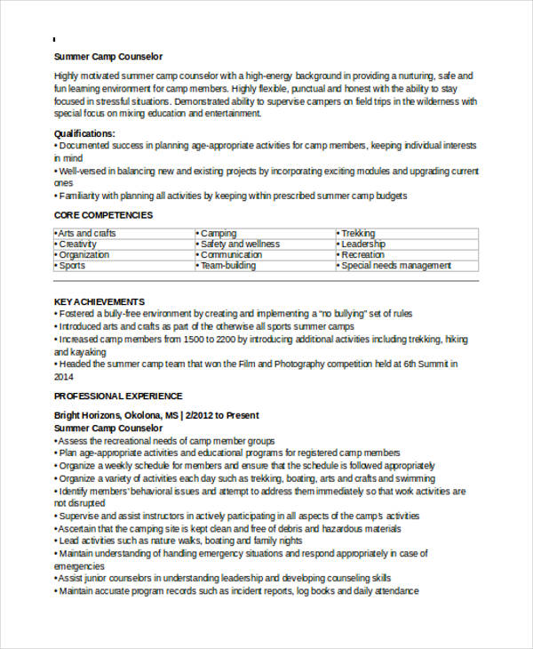 Camp Counselor Application Template