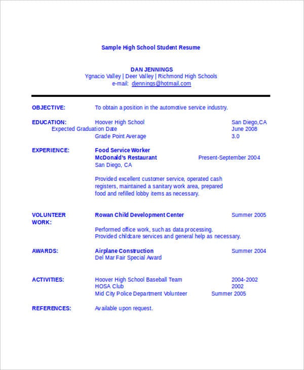 high school student resume