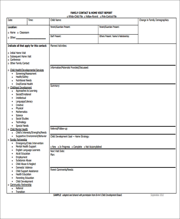 sample of home visit report