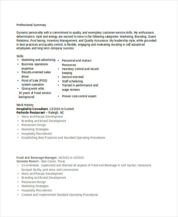 Hospitality Curriculum Vitae Templates - 10 Free Word, PDF Format Download