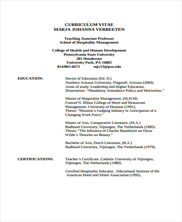 hospitality management curriculum vitae