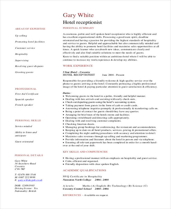 3+ Receptionist Curriculum Vitae Templates - Sample, Example, Format ...