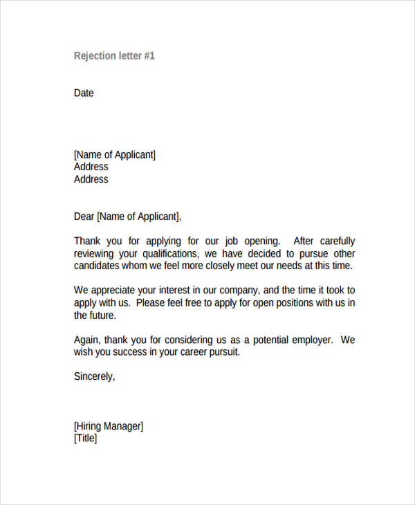 template unsuccessful letter application Rejection Applicant Free Example Letters 10   Sample,
