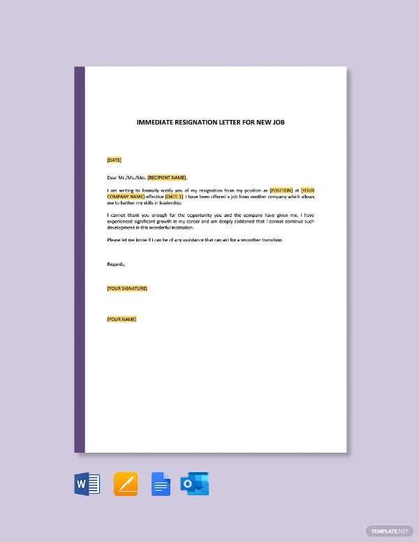 Immediate Resignation Letter Templates - 8+ Free Word, PDF, Format ...