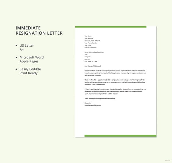 Illness Immediate Resignation Letter Templates At Allbusinesstemplates Com