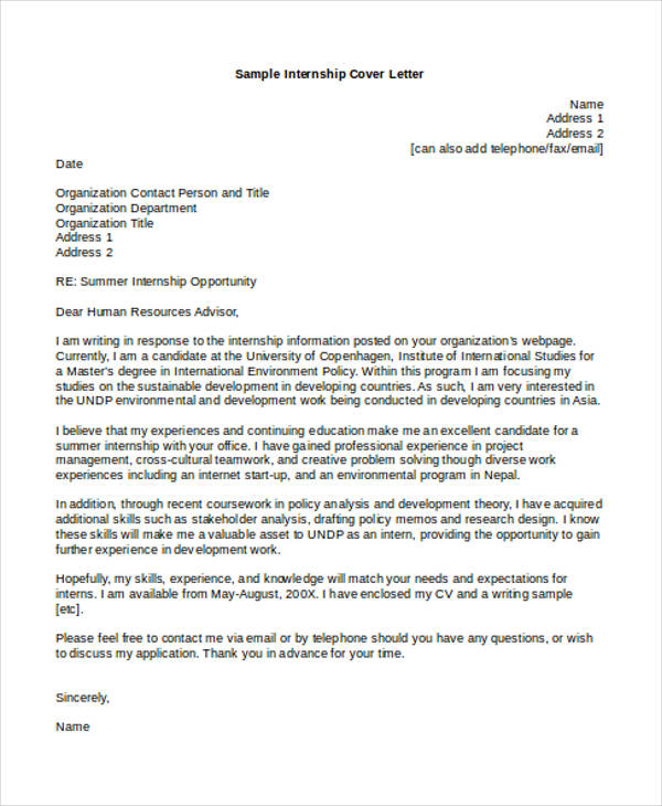 9+ Internship Cover Letter - Free Sample, Example Format ...