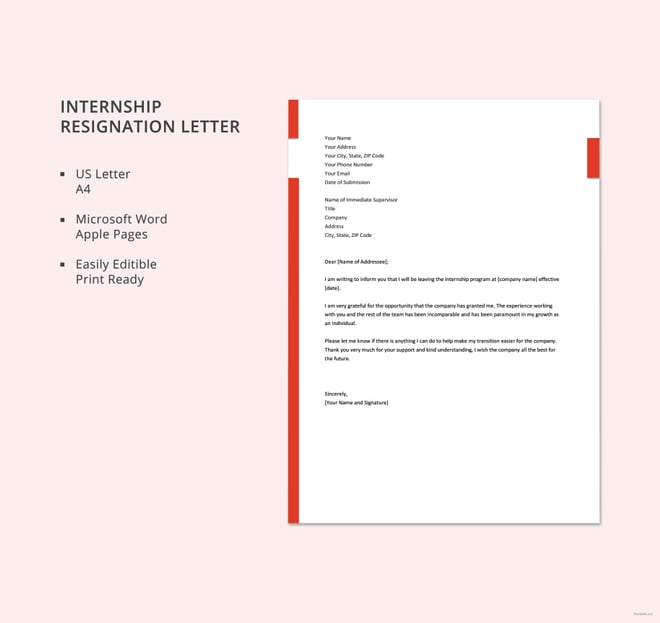 internship resignation letter template