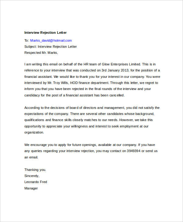 8 Email Rejection Letters Free Sample Example Format Download 8339