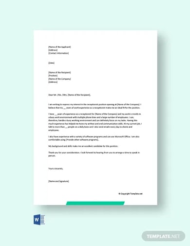 job application letter for receptionist position template