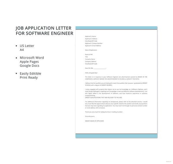 job application letter for software engineer template