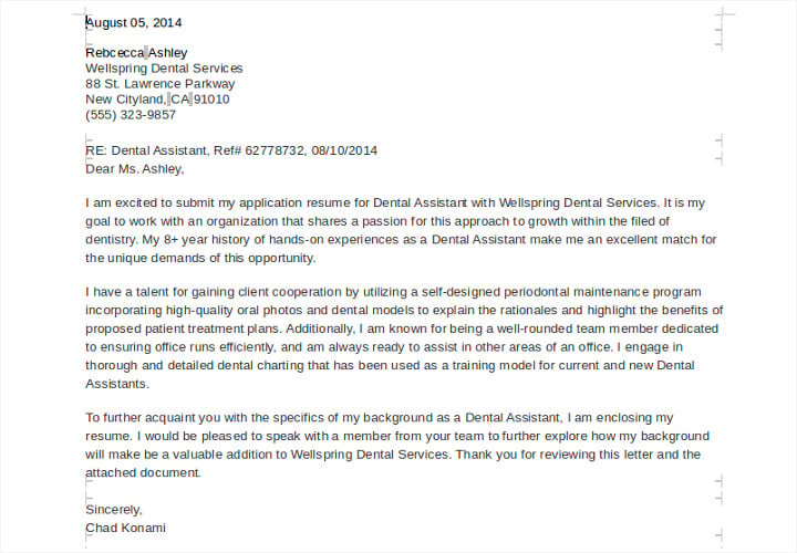 job application letter for dental assistant