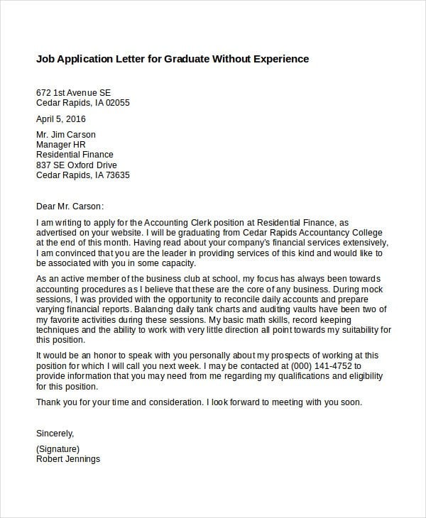 job application letter for graduate without experience