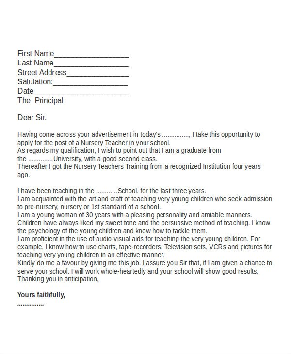 Sample Application Letter For Nursery Teacher Post ...