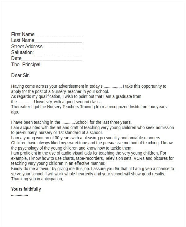 application letter for the post of a nursery teacher