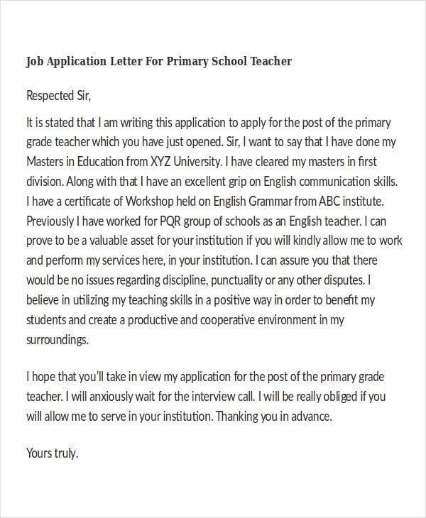 job application letter for primary school teacher