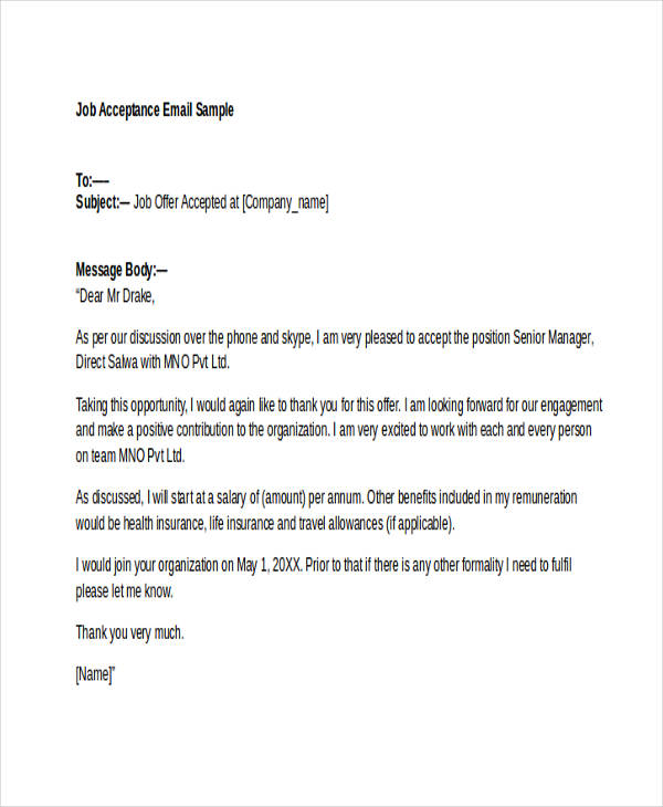 Thank you letter for job offer accepted