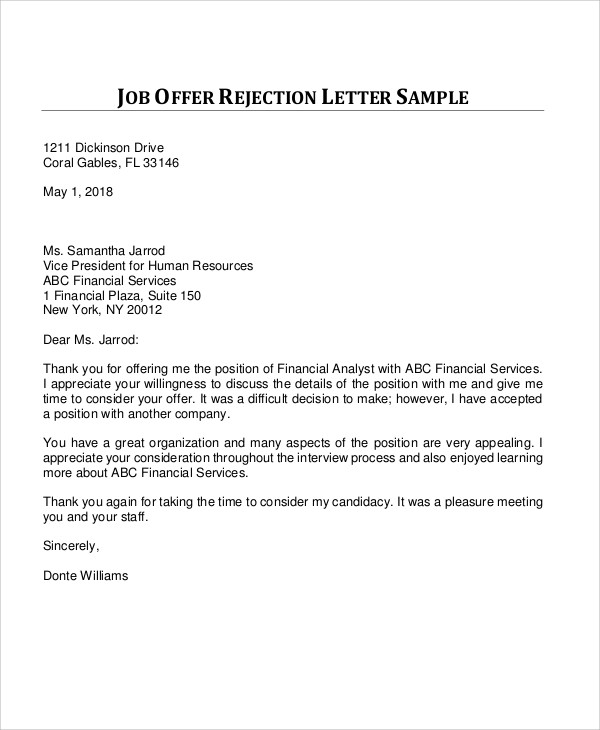 Sample Offer Rejection Letter from images.template.net