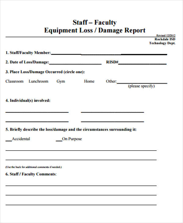 Equipment Damage Report Template Word