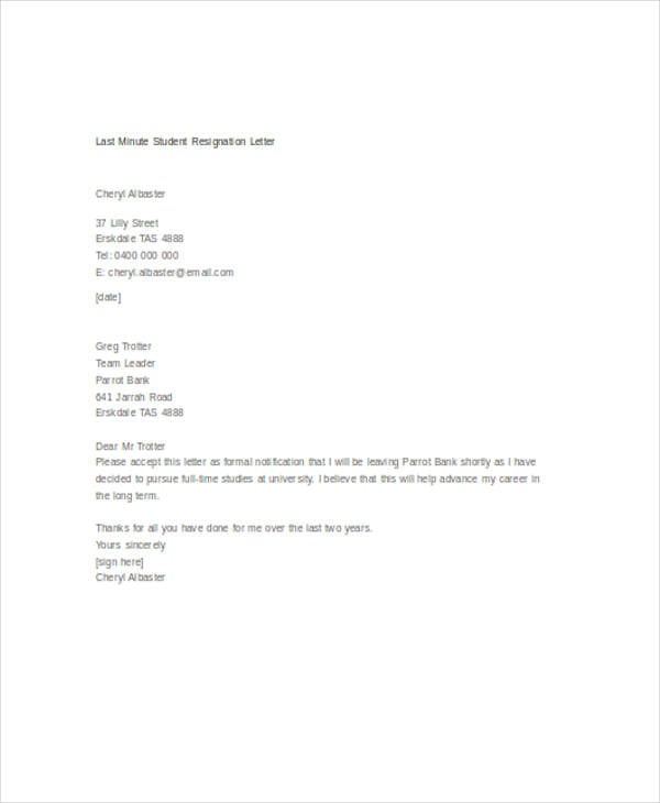 last minute student resignation letter