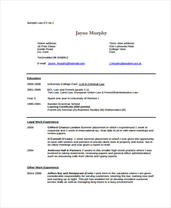 resume sample for law students