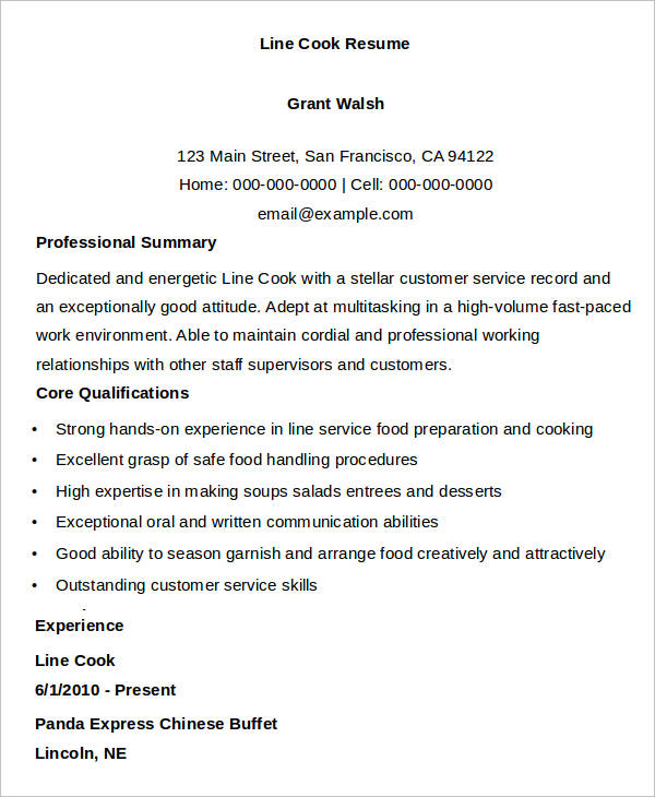 line cook resume