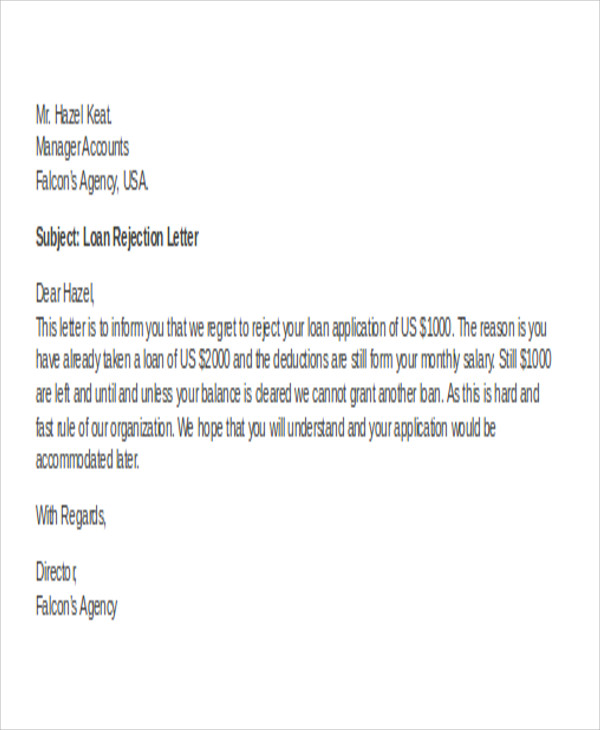 loan application rejection letter