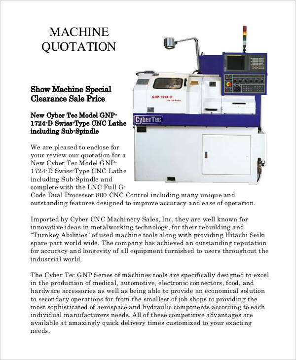 machine quotation sample