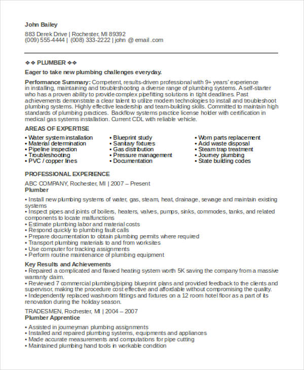 examples of plumber resume