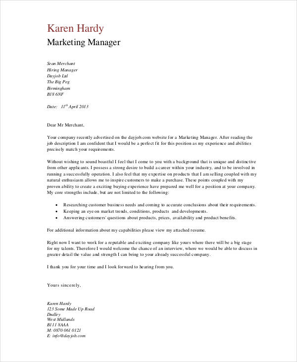 manager cover letter