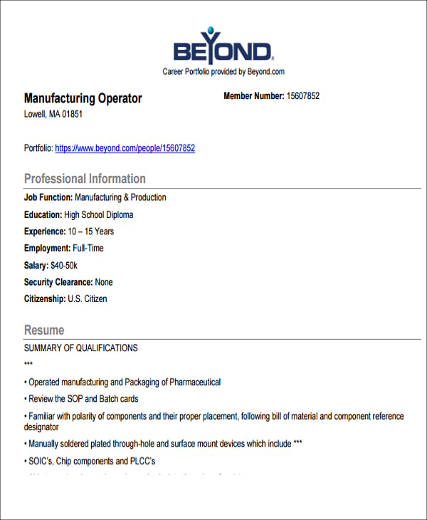 manufacturing resume
