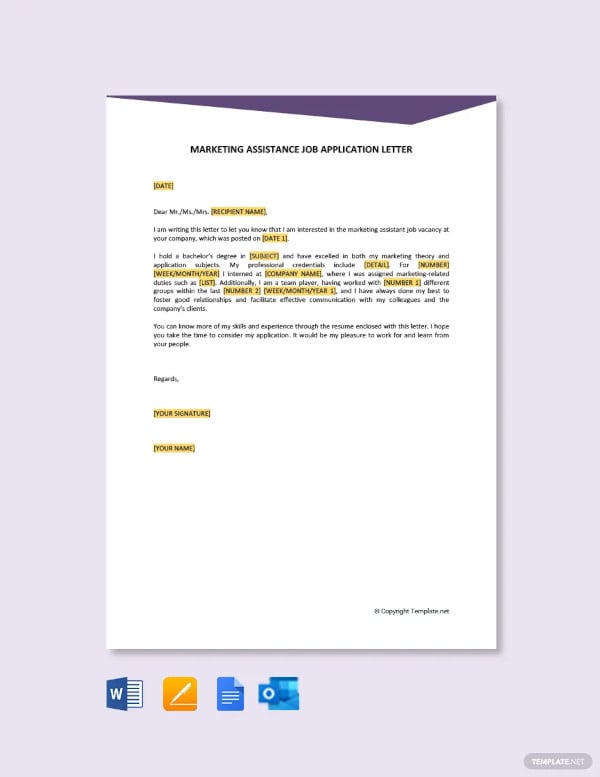 marketing assistance job application letter template