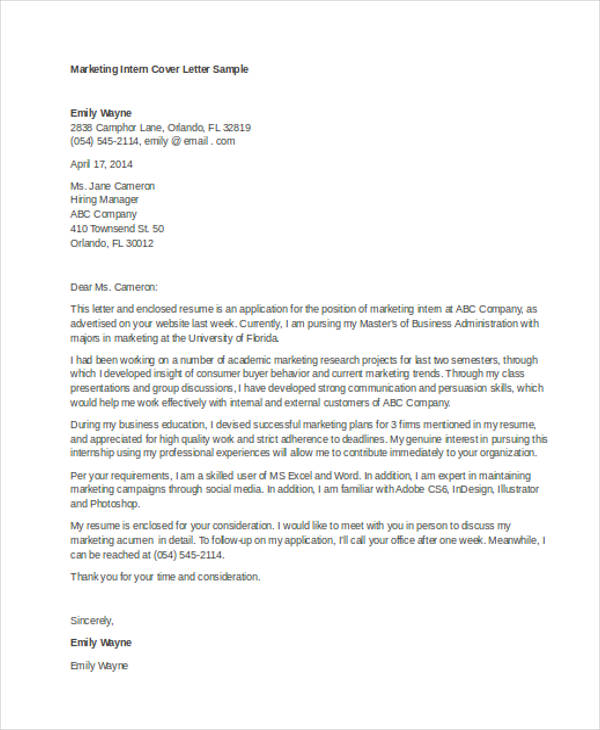 9+ Internship Cover Letter - Free Sample, Example Format Download