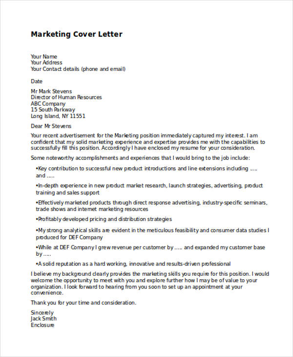 application letter for the post of marketer